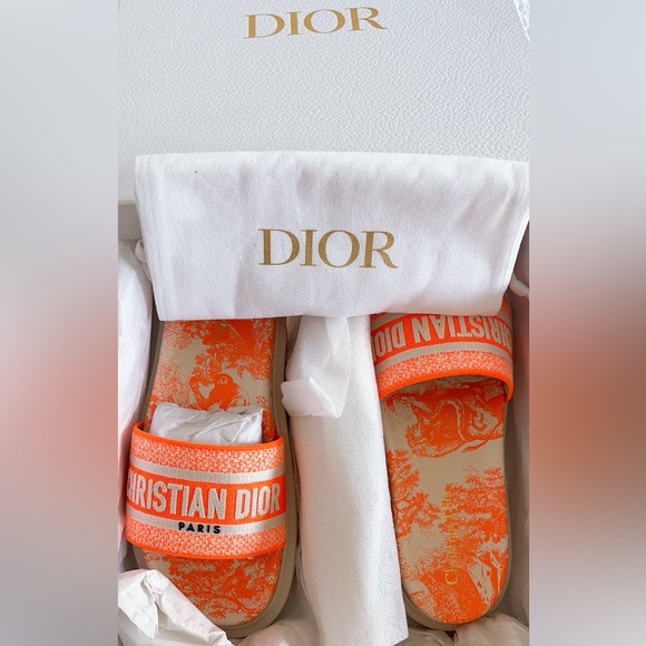 Authentic Christian Dior Dway Slides Sandals Fluo Toile de Jouy Embroidered - Picture 13 of 16